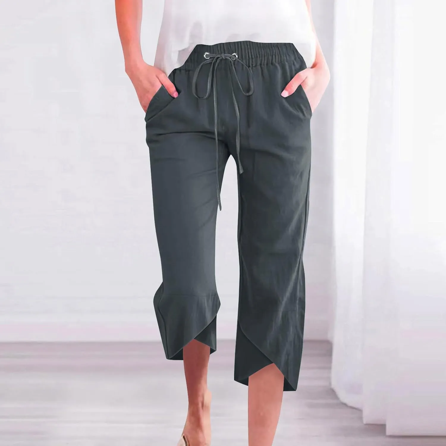 2025 Capri Pants for Women Casual Summer Drawstring Elastic High Waist Linen Pant Straight Leg Cropped Harem Trouser