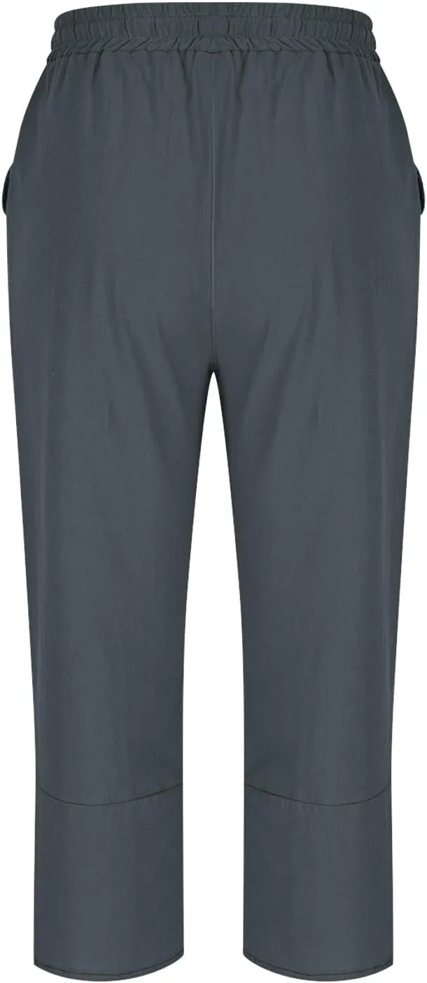 2025 Capri Pants for Women Casual Summer Drawstring Elastic High Waist Linen Pant Straight Leg Cropped Harem Trouser
