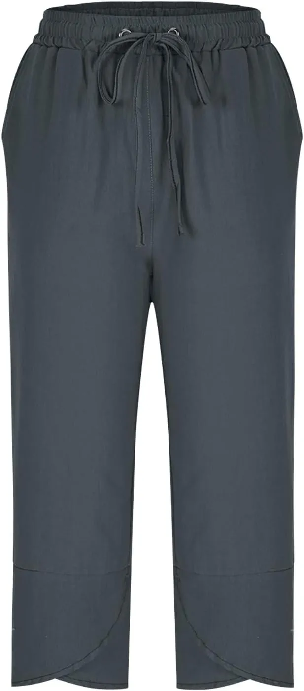 2025 Capri Pants for Women Casual Summer Drawstring Elastic High Waist Linen Pant Straight Leg Cropped Harem Trouser