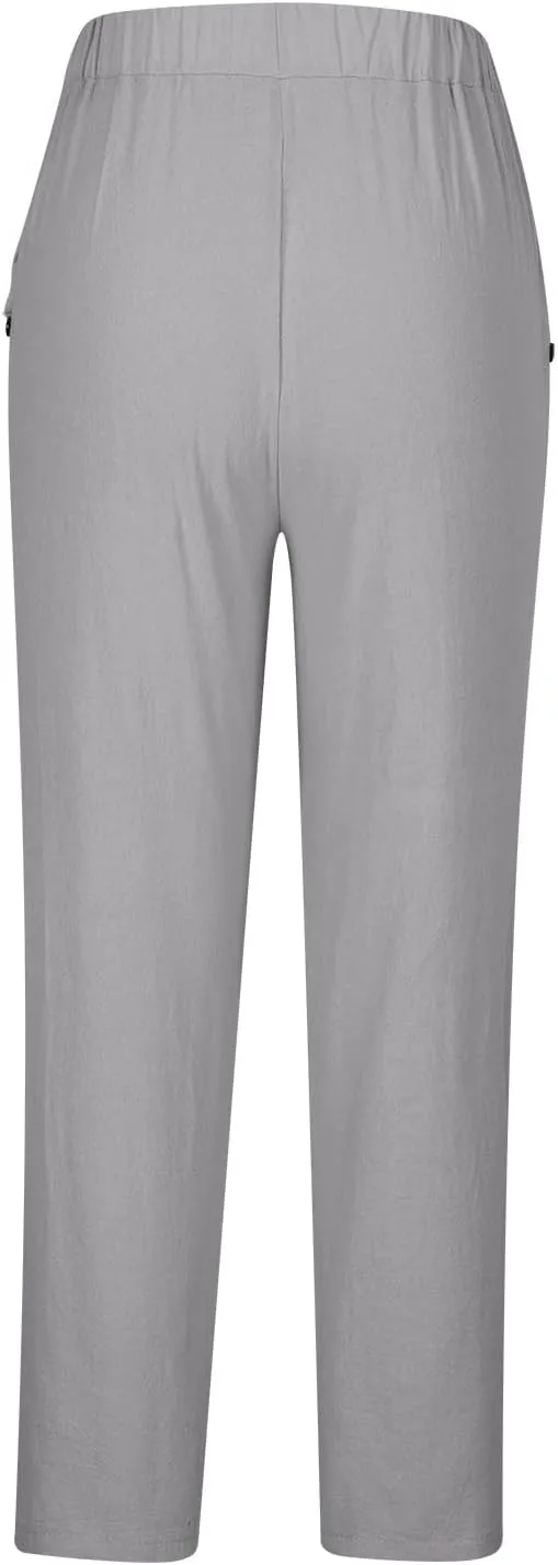 2025 Casual Cotton Linen Pants Women Lightweight Summer Relax Fit Elastic Waist Plus Size Solid Lounge Long Trousers