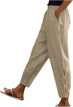 2025 Casual Cotton Linen Pants Women Lightweight Summer Relax Fit Elastic Waist Plus Size Solid Lounge Long Trousers