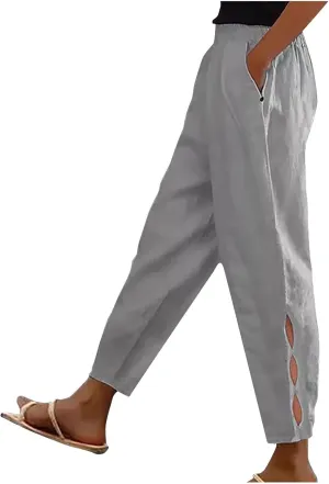 2025 Casual Cotton Linen Pants Women Lightweight Summer Relax Fit Elastic Waist Plus Size Solid Lounge Long Trousers