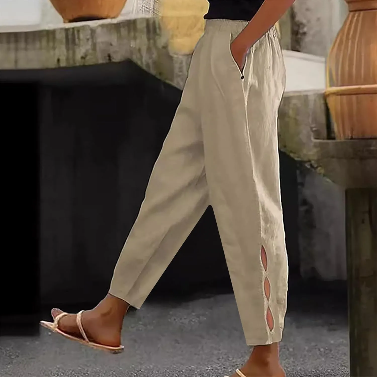 2025 Casual Cotton Linen Pants Women Lightweight Summer Relax Fit Elastic Waist Plus Size Solid Lounge Long Trousers