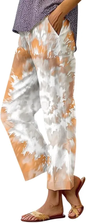 2025 Cotton Linen Pants for Women Summer Elastic Waist Cute Floral Print Straight Leg Slack Trousers with Pockets