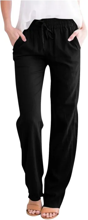 2025 Women Summer Lounge Pants High Waisted Cotton Linen Palazzo Pants Wide Leg Long Trousers with Pockets Fit Slacks