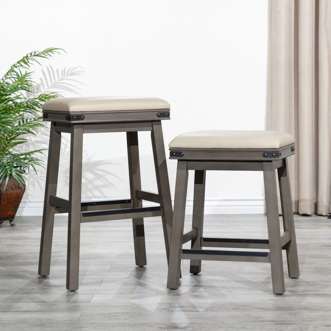 24" Antique White Farmhouse Counter Stool with Black Leather Seat - Rustic Charm, Sturdy Build, Comfortable - 300 lbs. Capacity