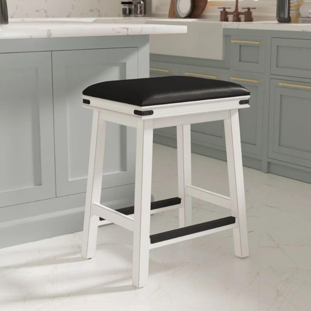 24" Antique White Farmhouse Counter Stool with Black Leather Seat - Rustic Charm, Sturdy Build, Comfortable - 300 lbs. Capacity