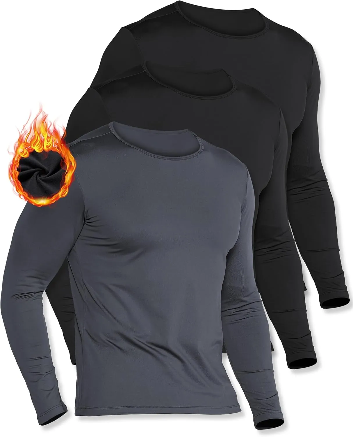 3 Pack Long Sleeve Thermal Shirts for Men Fleece Lined Soft Thermal Underwear Cold Weather Warm Base Layer Winter Pajama Tops Black-Black-Grey XXL