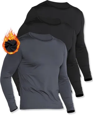 3 Pack Long Sleeve Thermal Shirts for Men Fleece Lined Soft Thermal Underwear Cold Weather Warm Base Layer Winter Pajama Tops Black-Black-Grey XXL
