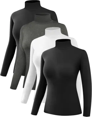 4 Pack Womens Thermal Turtleneck Shirts, Women Turtle Neck Fleece Lined Compression Long Sleeve Base Layer Tops