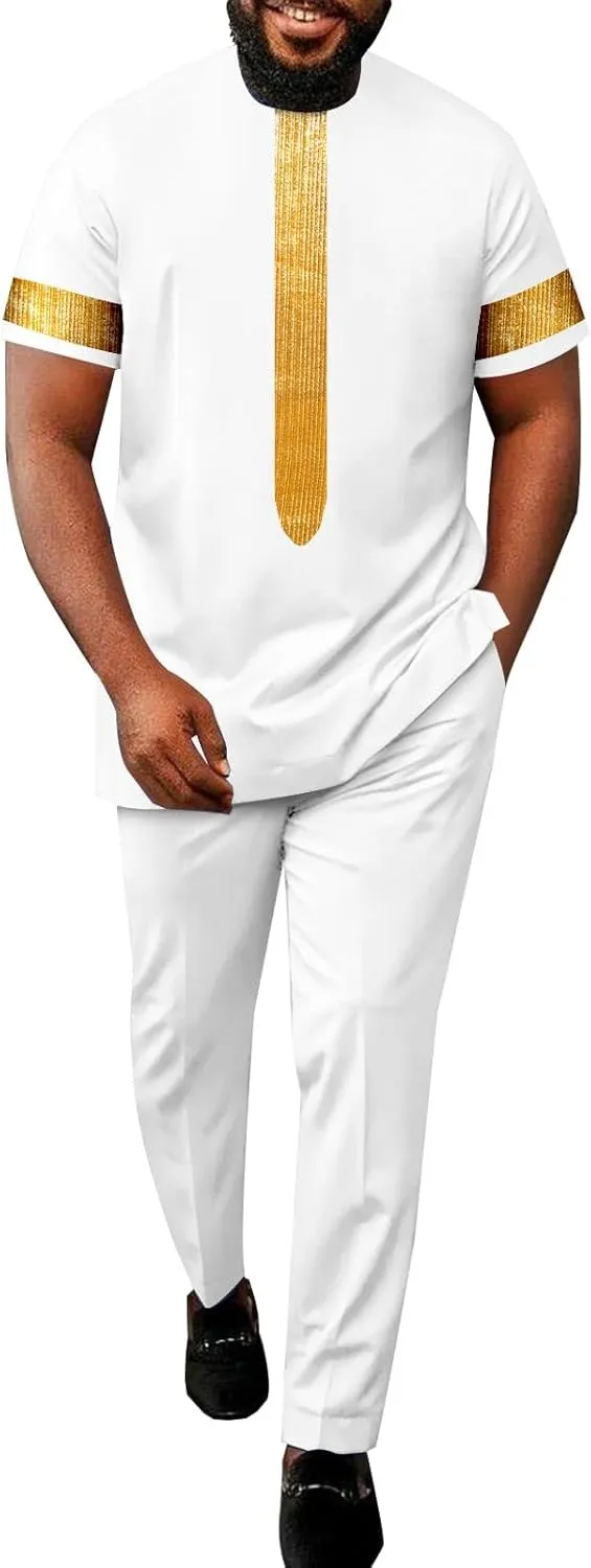 African Suits for Men Embroidery Short Sleeve Shirts and Pants 2 Piece Set Plus Size Casual Tracksuit