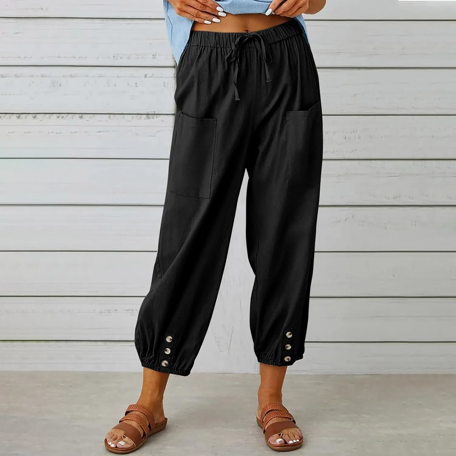 Akivide Women's High Waist Drawstring Cotton Linen Pants with 2 Pockets Straight Wide Leg Capri Cropped Trouser for Women
