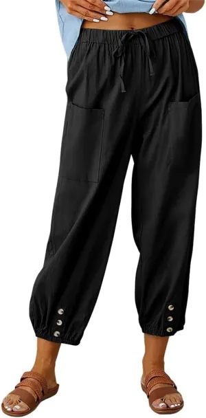Akivide Women's High Waist Drawstring Cotton Linen Pants with 2 Pockets Straight Wide Leg Capri Cropped Trouser for Women