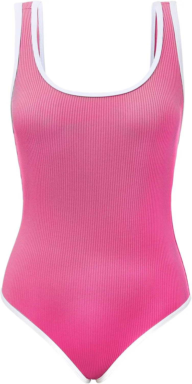 American Trends Women's Pink High Rise Solid One-Piece Swimsuit with Adjustable Strap and Pull On Closure