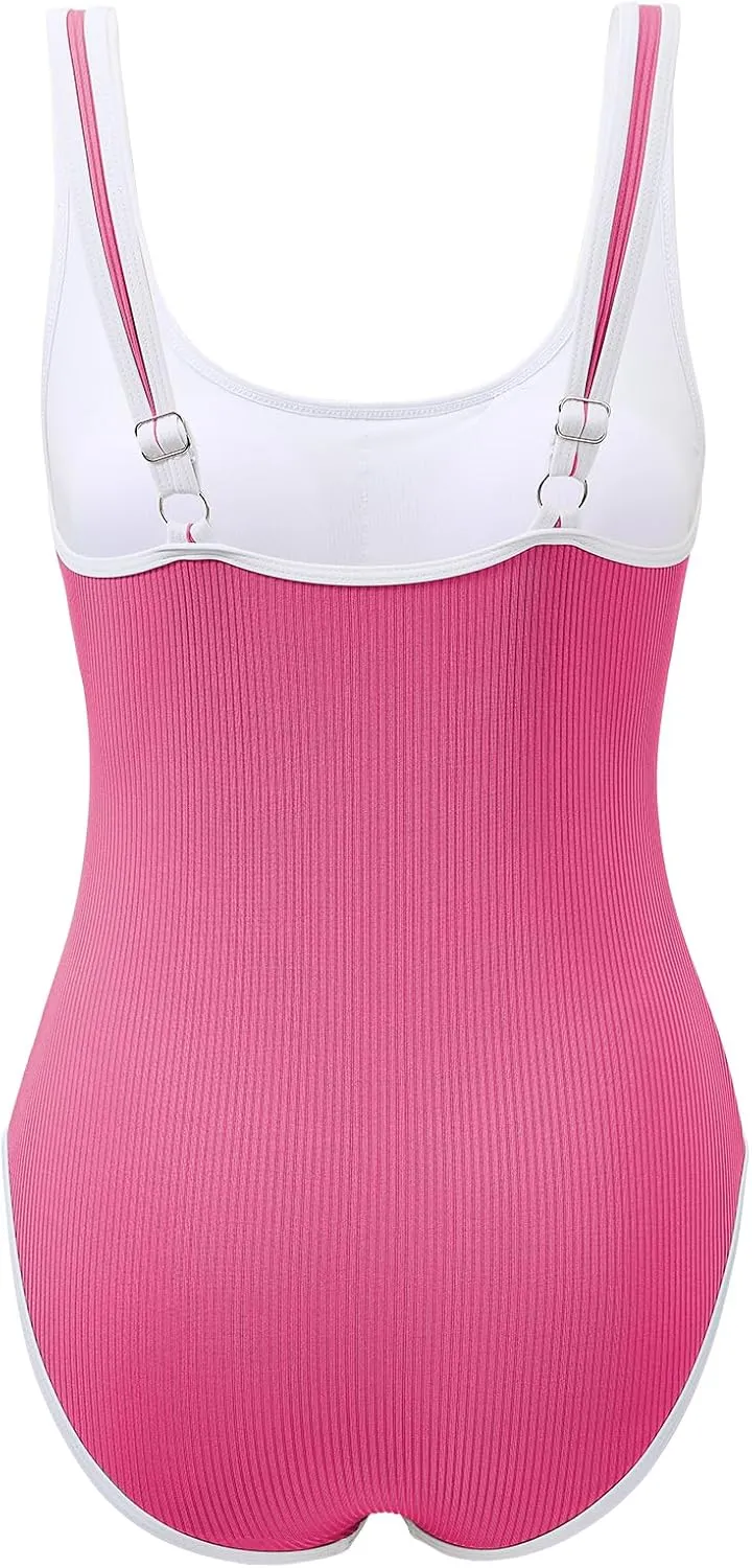 American Trends Women's Pink High Rise Solid One-Piece Swimsuit with Adjustable Strap and Pull On Closure