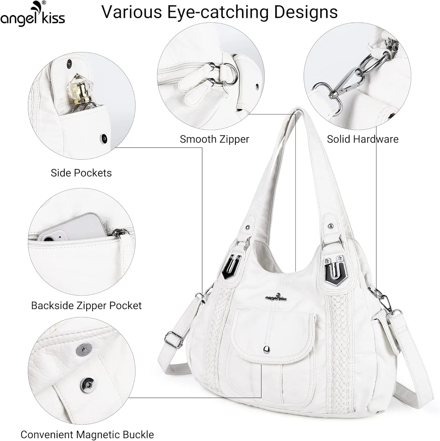 Angelkiss Purses and Handbags for Women Washed Vegan Leather Crossbody Hobo Satchel Shoulder Tote Purse