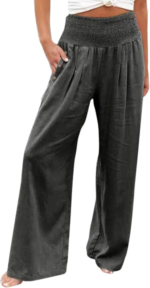 Aniywn Wide Leg Linen Pants for Women Summer Casual Loose Elastic Waist Palazzo Pants Smocked High Waist Flowy Beach Trousers