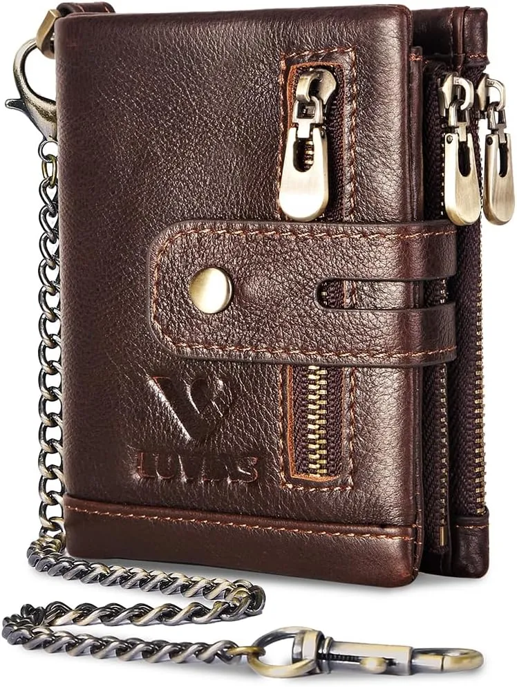 Anti-Theft Mens Wallet with Chain Genuine Leather ID Window Purse with RFID Blocking Bifold Double Zipper Coin Pocket
