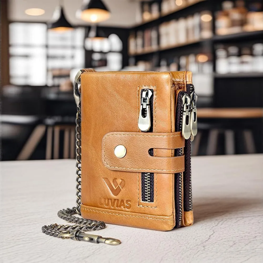 Anti-Theft Mens Wallet with Chain Genuine Leather ID Window Purse with RFID Blocking Bifold Double Zipper Coin Pocket