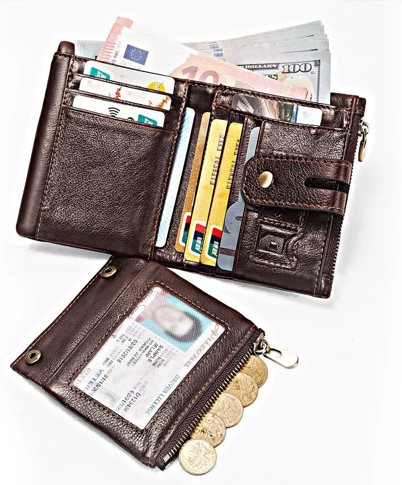 Anti-Theft Mens Wallet with Chain Genuine Leather ID Window Purse with RFID Blocking Bifold Double Zipper Coin Pocket