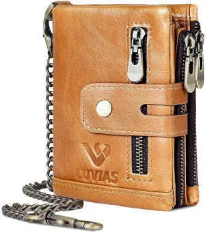 Anti-Theft Mens Wallet with Chain Genuine Leather ID Window Purse with RFID Blocking Bifold Double Zipper Coin Pocket