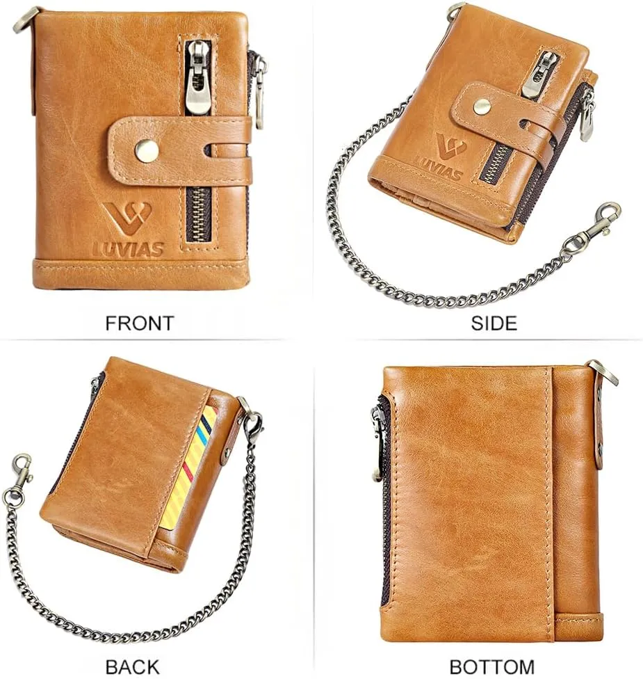 Anti-Theft Mens Wallet with Chain Genuine Leather ID Window Purse with RFID Blocking Bifold Double Zipper Coin Pocket