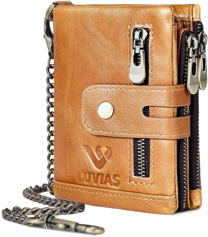 Anti-Theft Mens Wallet with Chain Genuine Leather ID Window Purse with RFID Blocking Bifold Double Zipper Coin Pocket