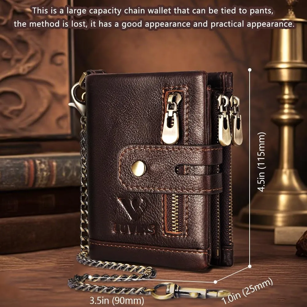 Anti-Theft Mens Wallet with Chain Genuine Leather ID Window Purse with RFID Blocking Bifold Double Zipper Coin Pocket