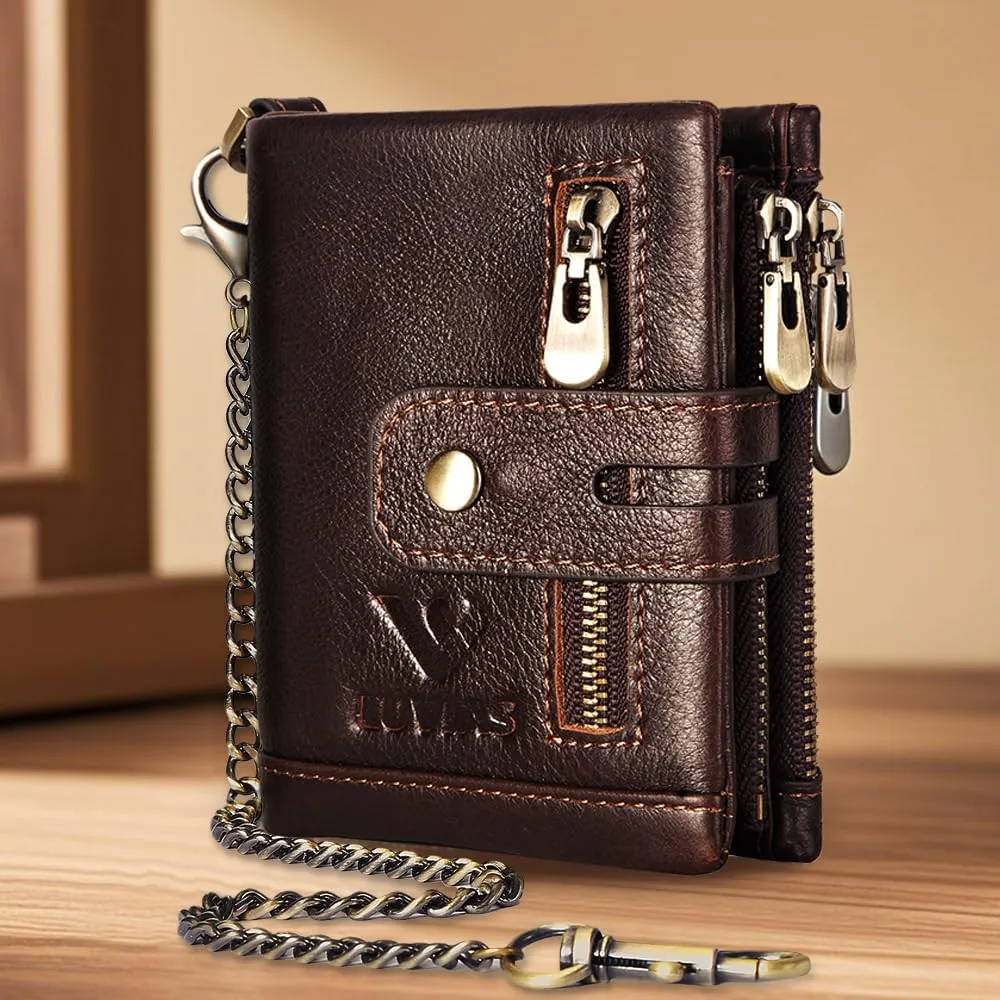 Anti-Theft Mens Wallet with Chain Genuine Leather ID Window Purse with RFID Blocking Bifold Double Zipper Coin Pocket