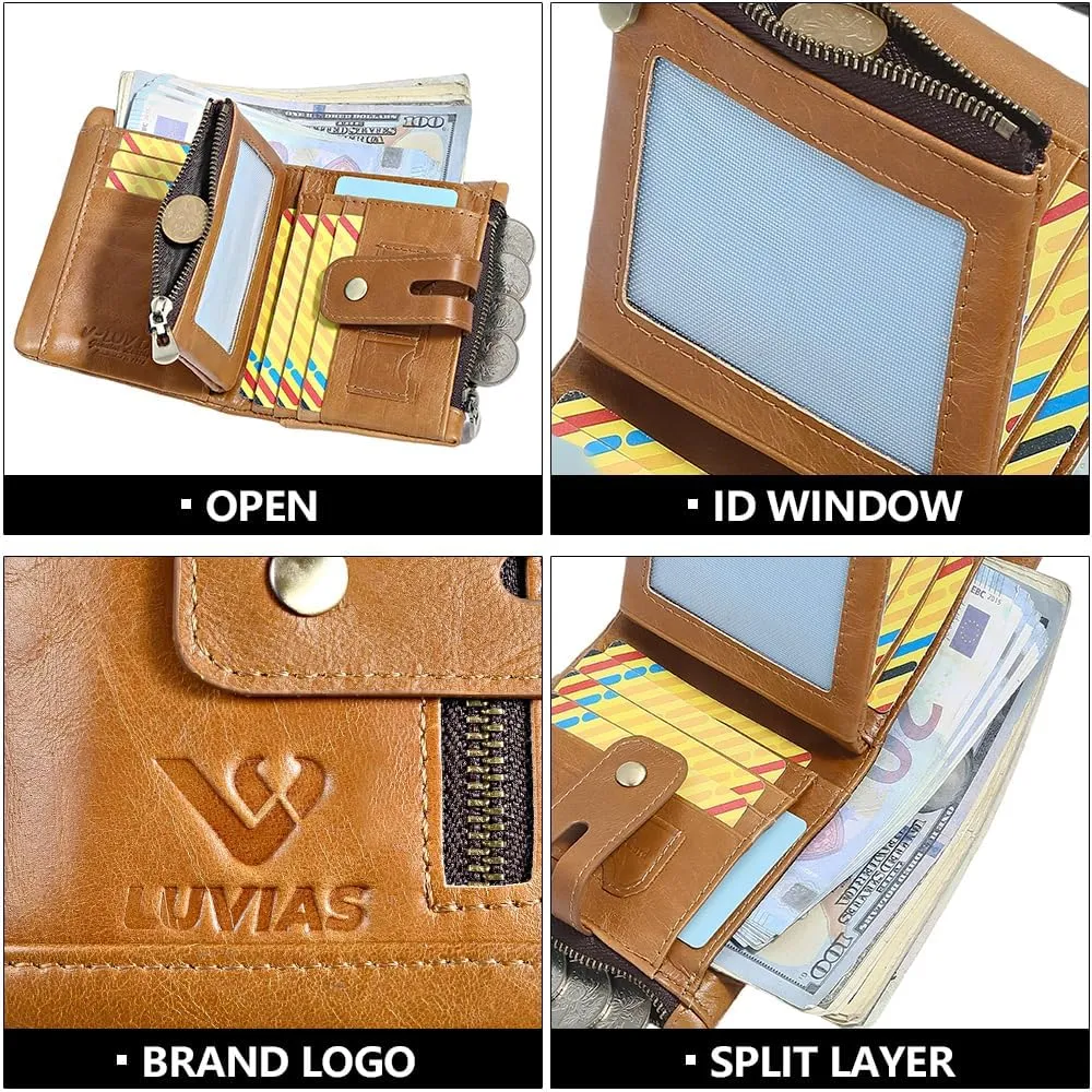 Anti-Theft Mens Wallet with Chain Genuine Leather ID Window Purse with RFID Blocking Bifold Double Zipper Coin Pocket