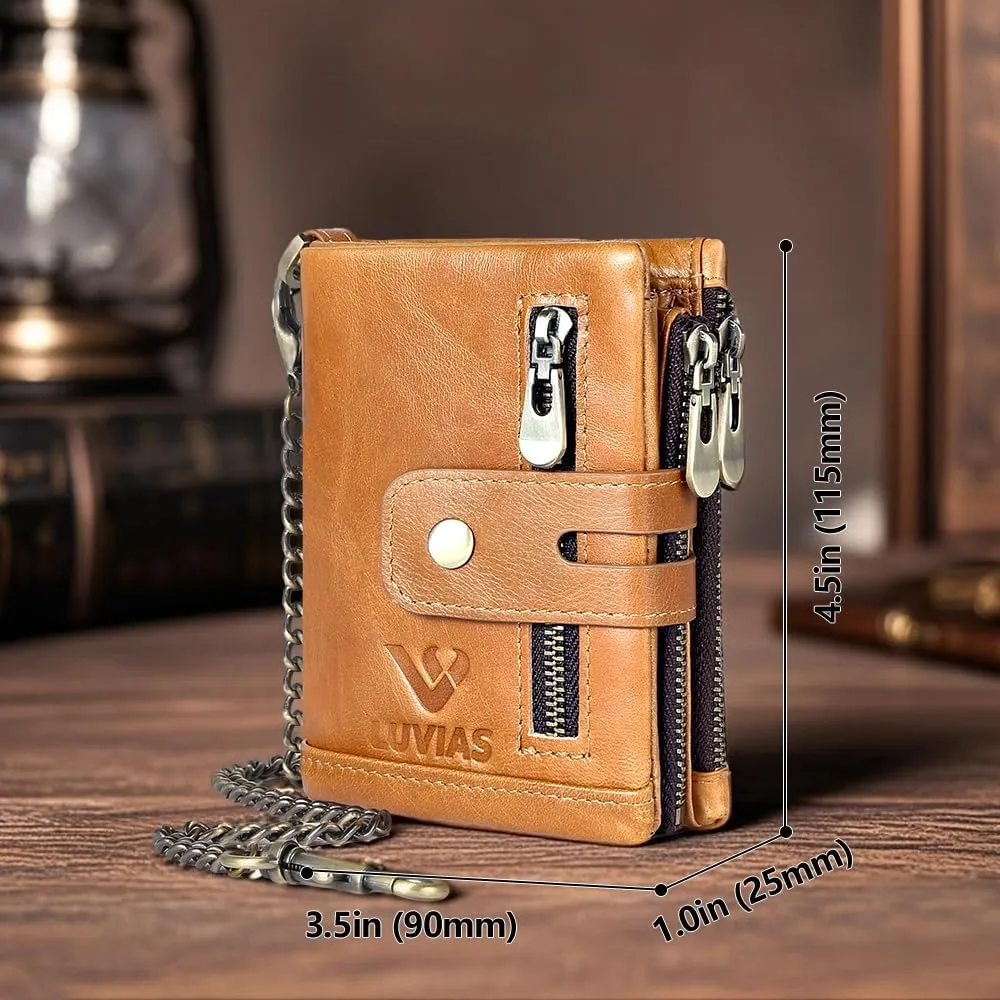 Anti-Theft Mens Wallet with Chain Genuine Leather ID Window Purse with RFID Blocking Bifold Double Zipper Coin Pocket