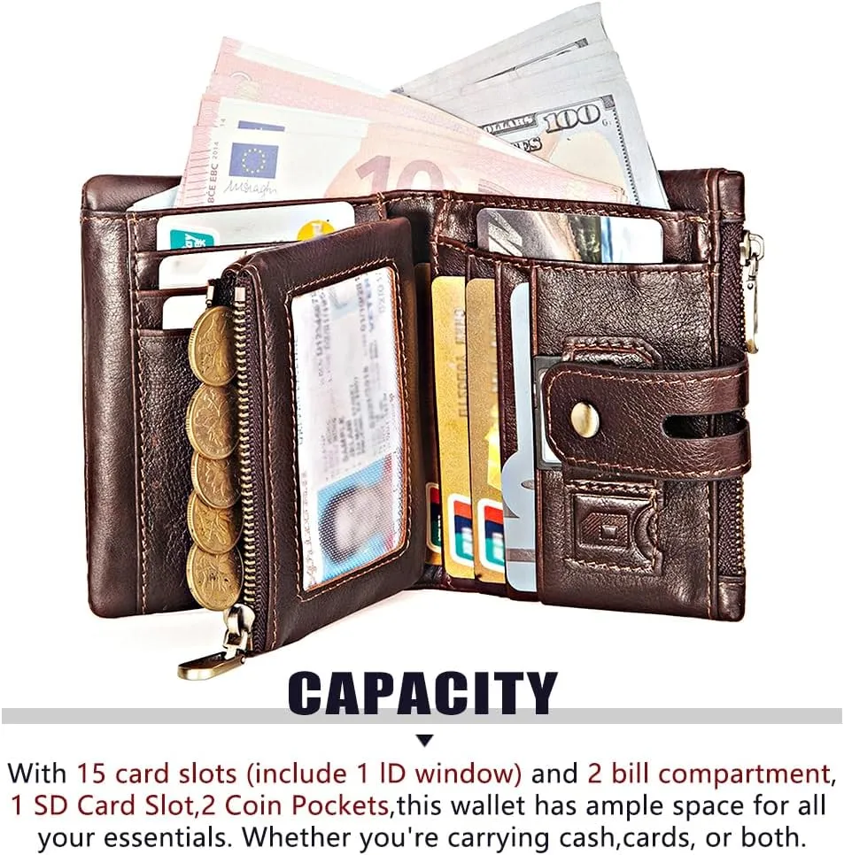 Anti-Theft Mens Wallet with Chain Genuine Leather ID Window Purse with RFID Blocking Bifold Double Zipper Coin Pocket