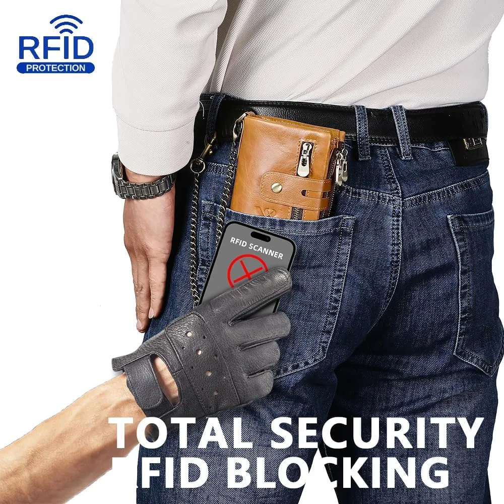 Anti-Theft Mens Wallet with Chain Genuine Leather ID Window Purse with RFID Blocking Bifold Double Zipper Coin Pocket