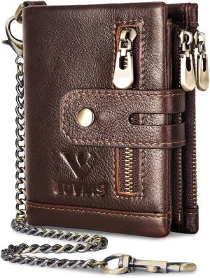 Anti-Theft Mens Wallet with Chain Genuine Leather ID Window Purse with RFID Blocking Bifold Double Zipper Coin Pocket