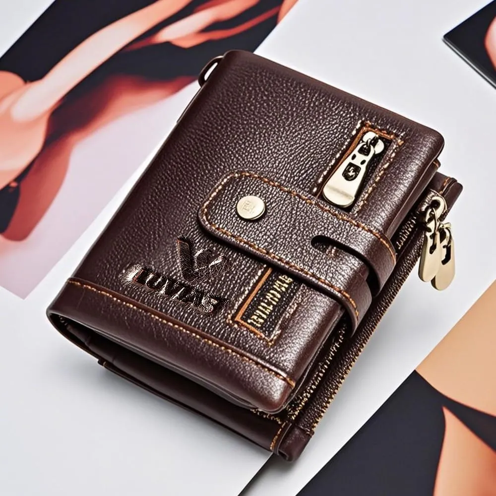 Anti-Theft Mens Wallet with Chain Genuine Leather ID Window Purse with RFID Blocking Bifold Double Zipper Coin Pocket