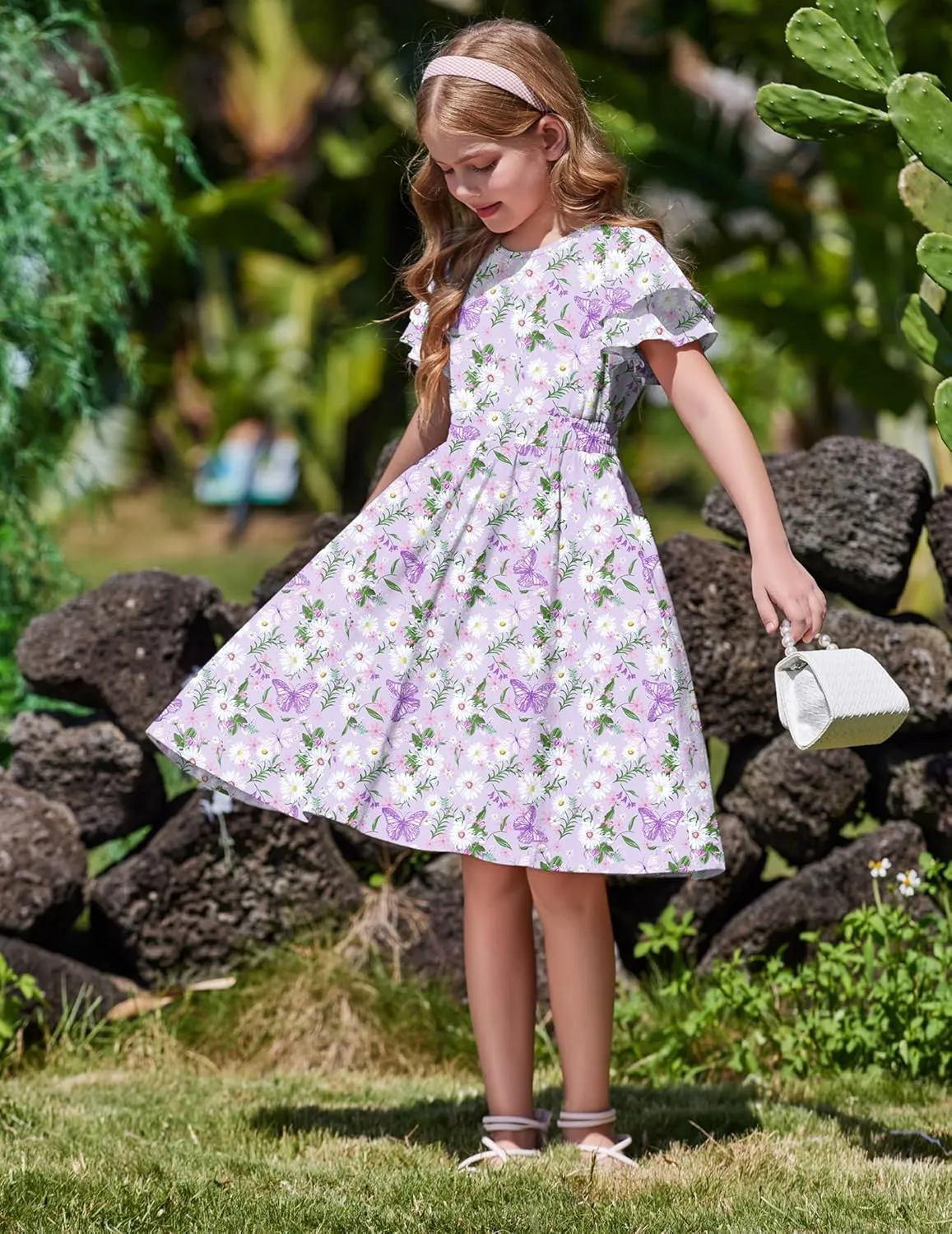Arshiner Girl's Casual Dress Summer Scoop Neck Short Sleeve Flowy Print and Plain Sundress for Kids 4-14Y