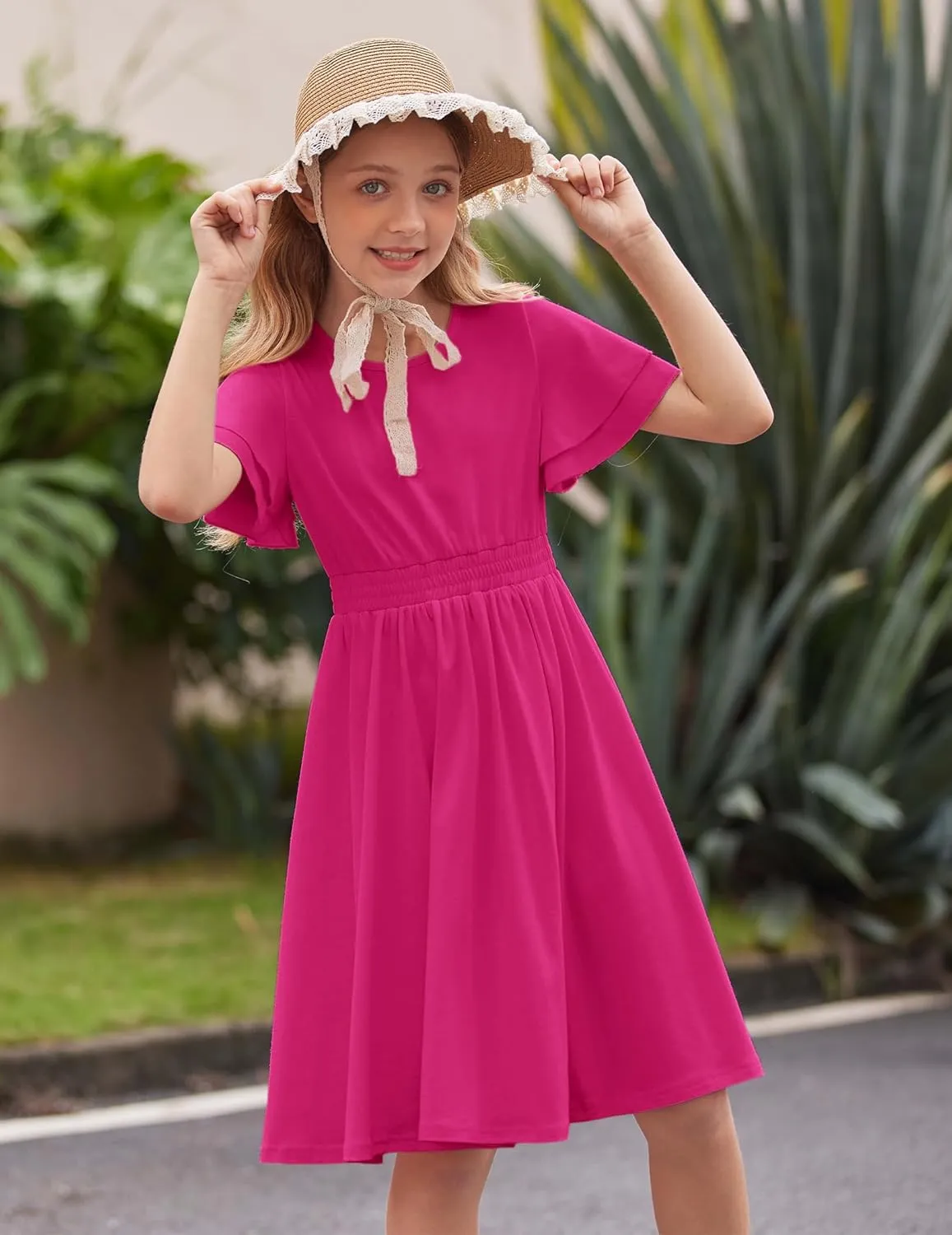 Arshiner Girl's Casual Dress Summer Scoop Neck Short Sleeve Flowy Print and Plain Sundress for Kids 4-14Y