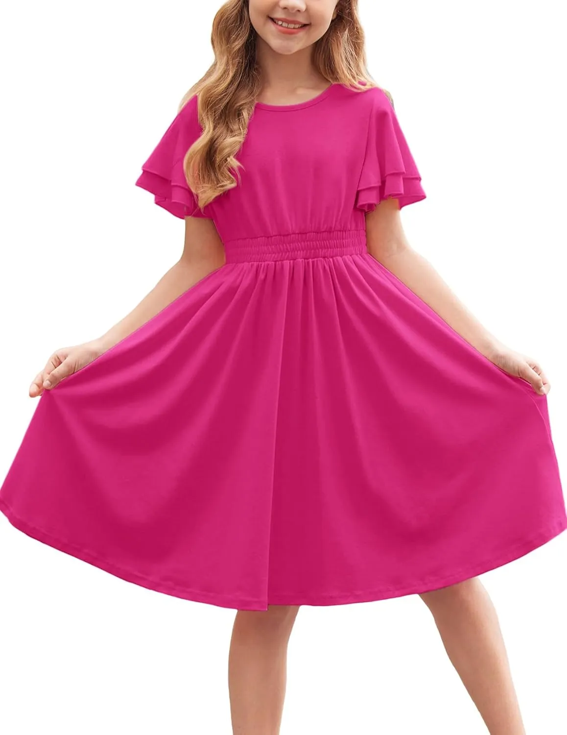 Arshiner Girl's Casual Dress Summer Scoop Neck Short Sleeve Flowy Print and Plain Sundress for Kids 4-14Y
