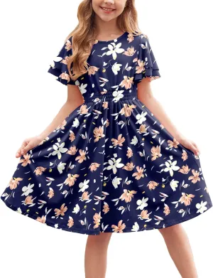 Arshiner Girl's Casual Dress Summer Scoop Neck Short Sleeve Flowy Print and Plain Sundress for Kids 4-14Y