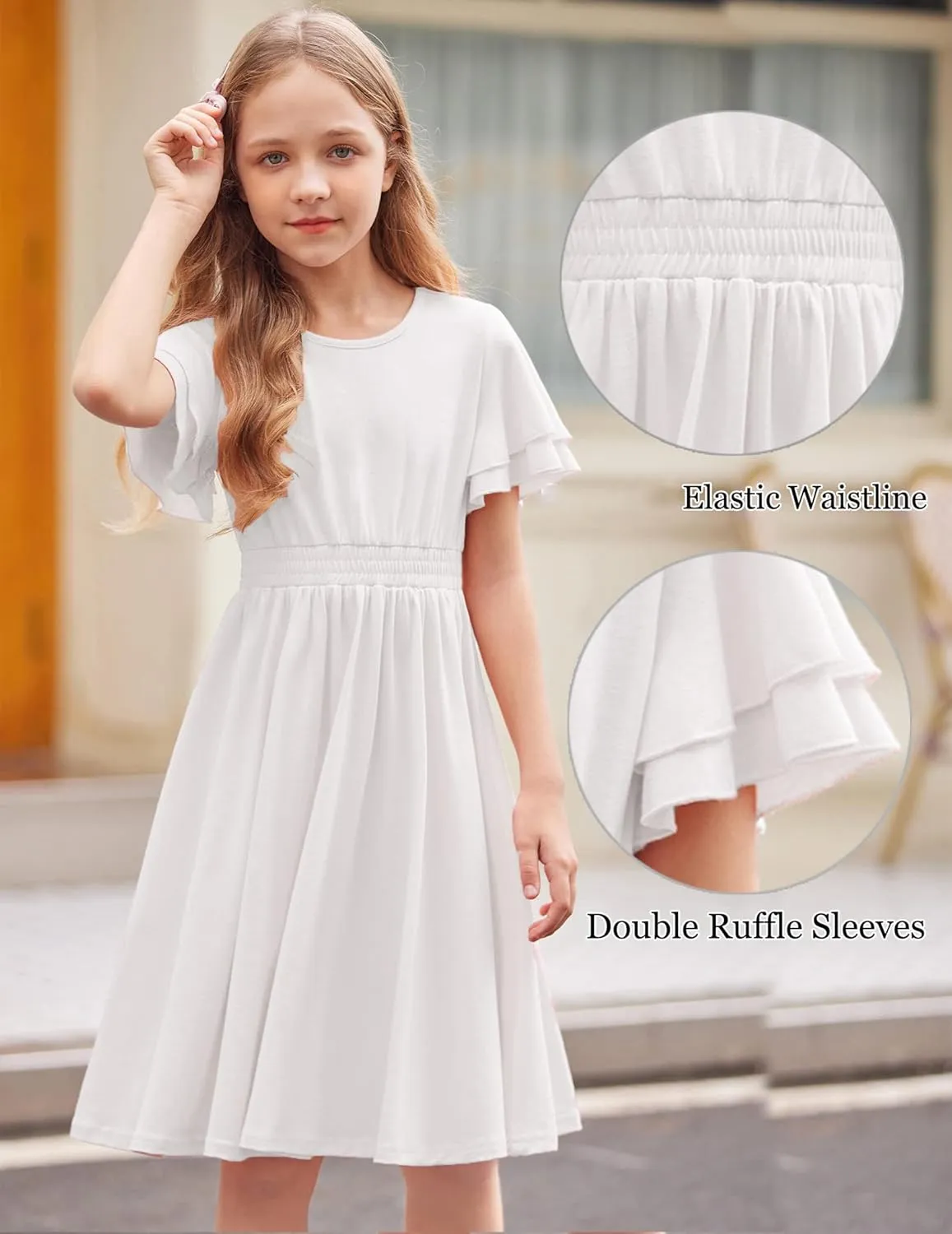 Arshiner Girl's Casual Dress Summer Scoop Neck Short Sleeve Flowy Print and Plain Sundress for Kids 4-14Y