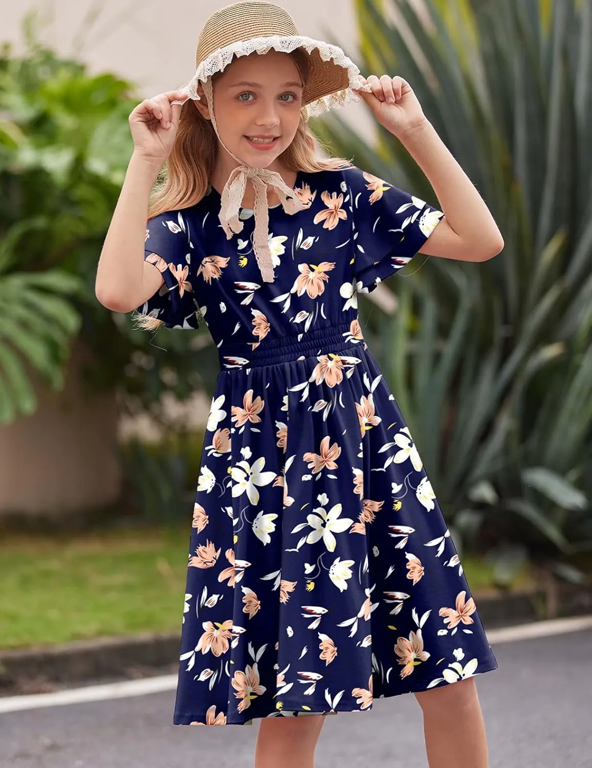 Arshiner Girl's Casual Dress Summer Scoop Neck Short Sleeve Flowy Print and Plain Sundress for Kids 4-14Y