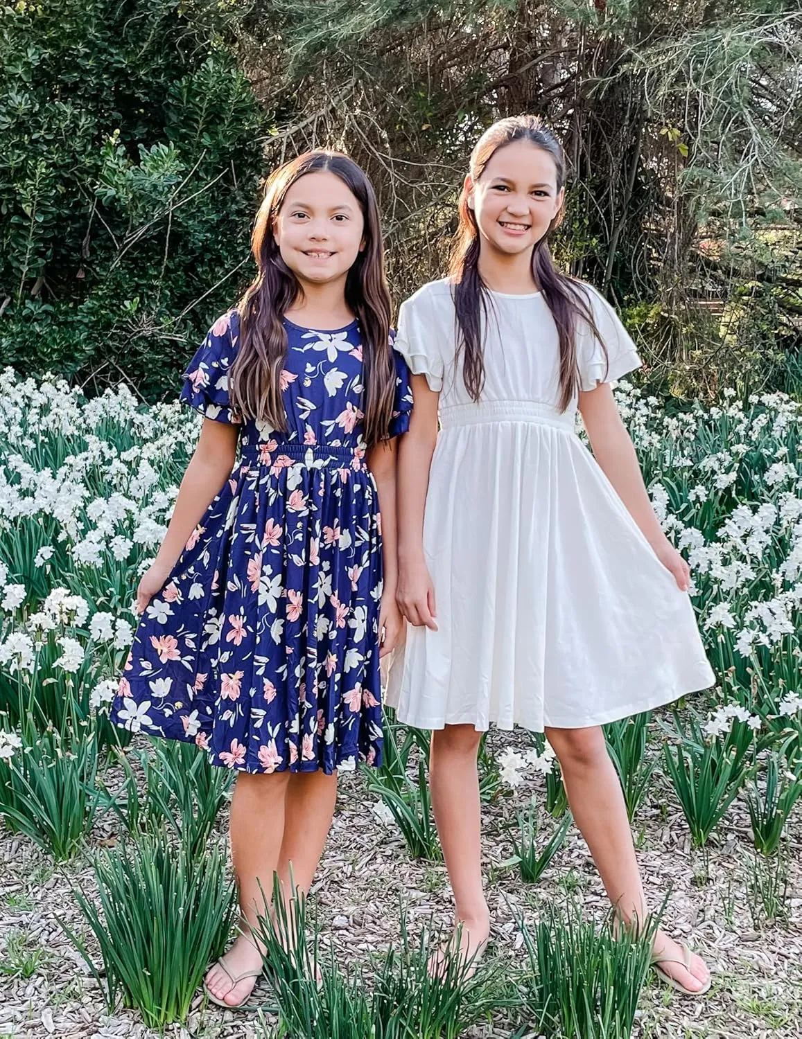 Arshiner Girl's Casual Dress Summer Scoop Neck Short Sleeve Flowy Print and Plain Sundress for Kids 4-14Y