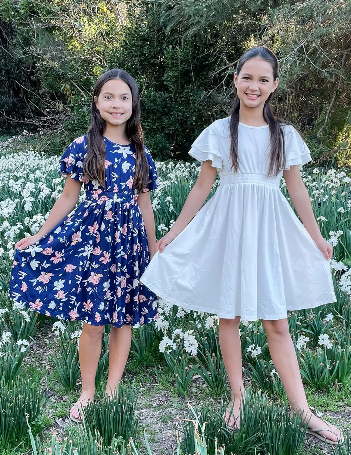 Arshiner Girl's Casual Dress Summer Scoop Neck Short Sleeve Flowy Print and Plain Sundress for Kids 4-14Y