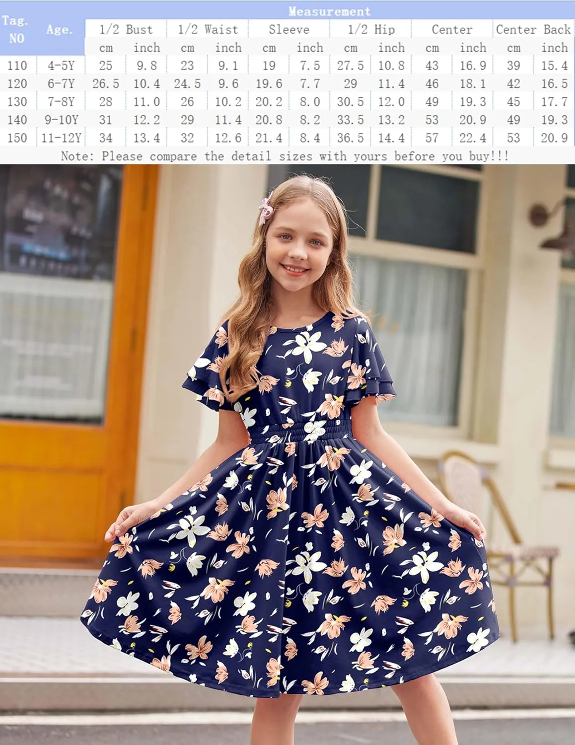 Arshiner Girl's Casual Dress Summer Scoop Neck Short Sleeve Flowy Print and Plain Sundress for Kids 4-14Y