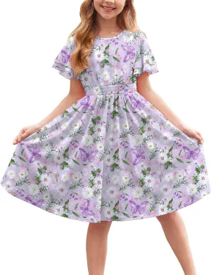 Arshiner Girl's Casual Dress Summer Scoop Neck Short Sleeve Flowy Print and Plain Sundress for Kids 4-14Y