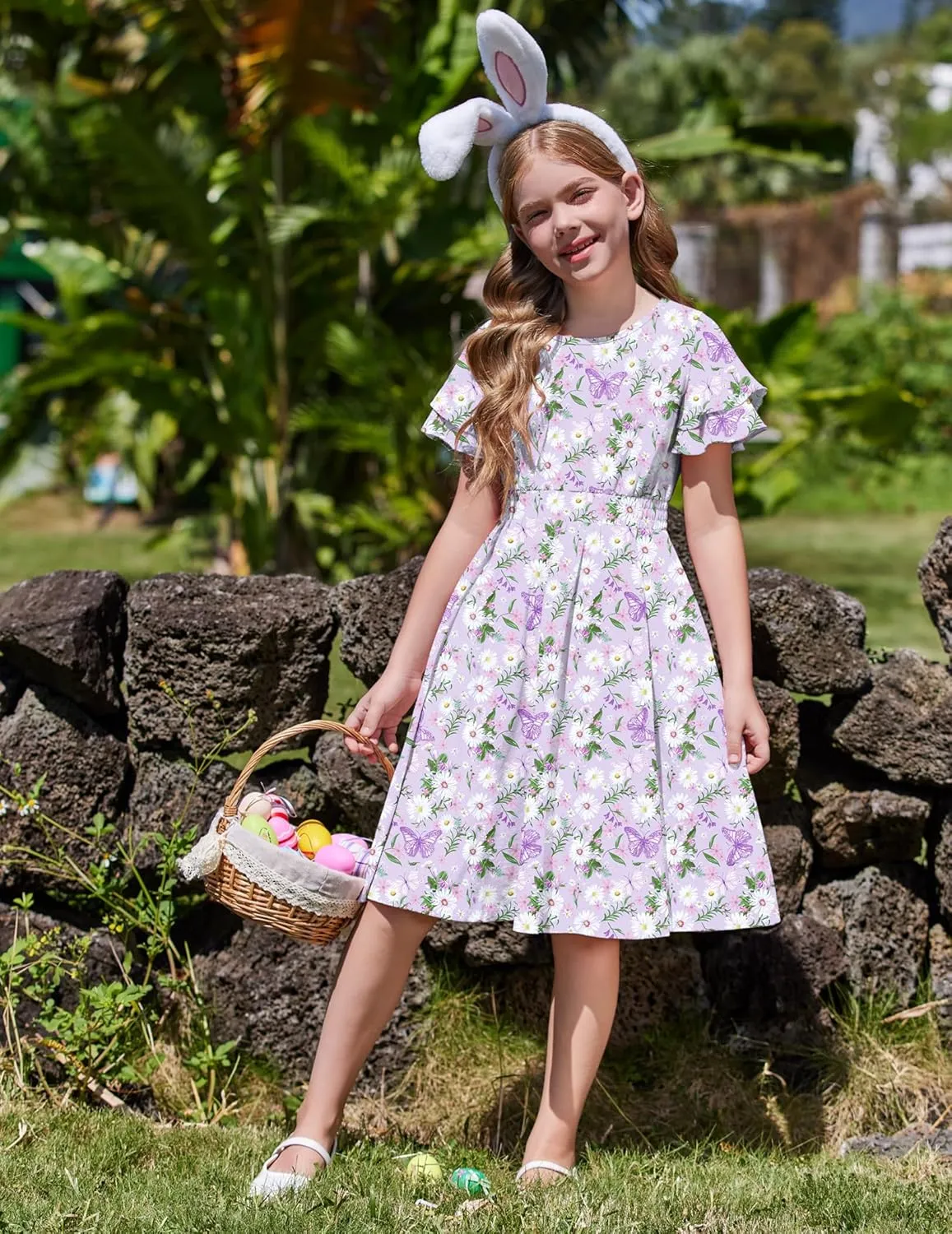Arshiner Girl's Casual Dress Summer Scoop Neck Short Sleeve Flowy Print and Plain Sundress for Kids 4-14Y