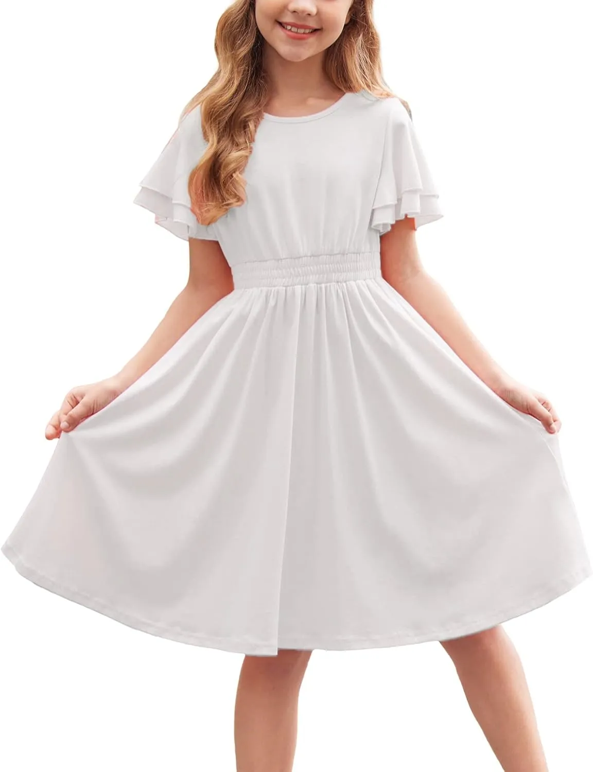 Arshiner Girl's Casual Dress Summer Scoop Neck Short Sleeve Flowy Print and Plain Sundress for Kids 4-14Y