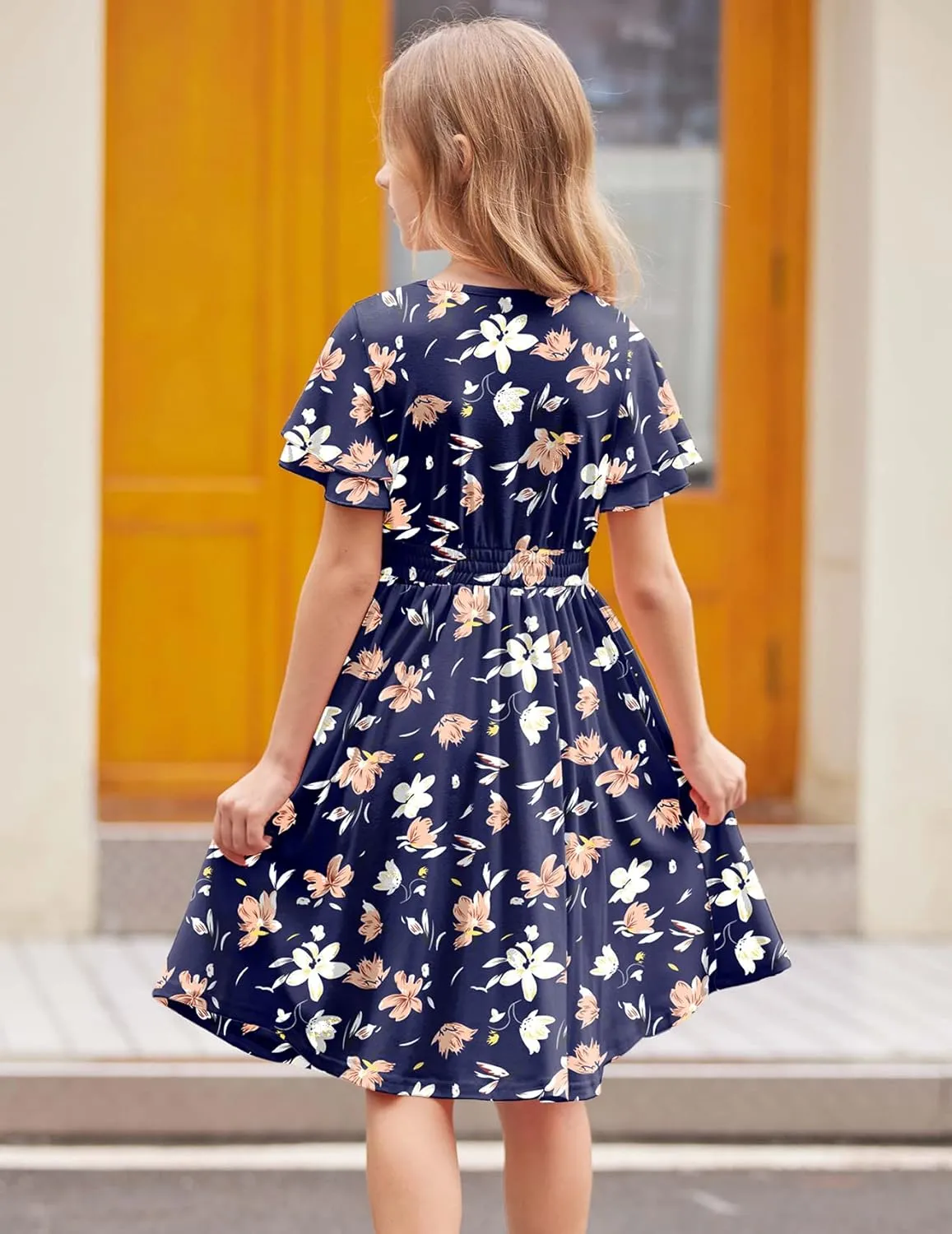 Arshiner Girl's Casual Dress Summer Scoop Neck Short Sleeve Flowy Print and Plain Sundress for Kids 4-14Y