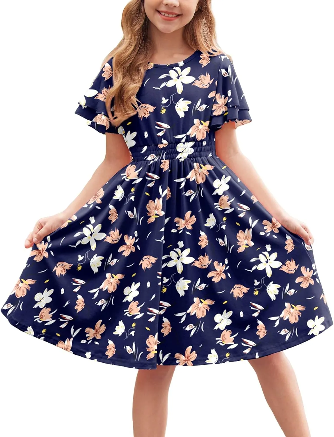 Arshiner Girl's Casual Dress Summer Scoop Neck Short Sleeve Flowy Print and Plain Sundress for Kids 4-14Y