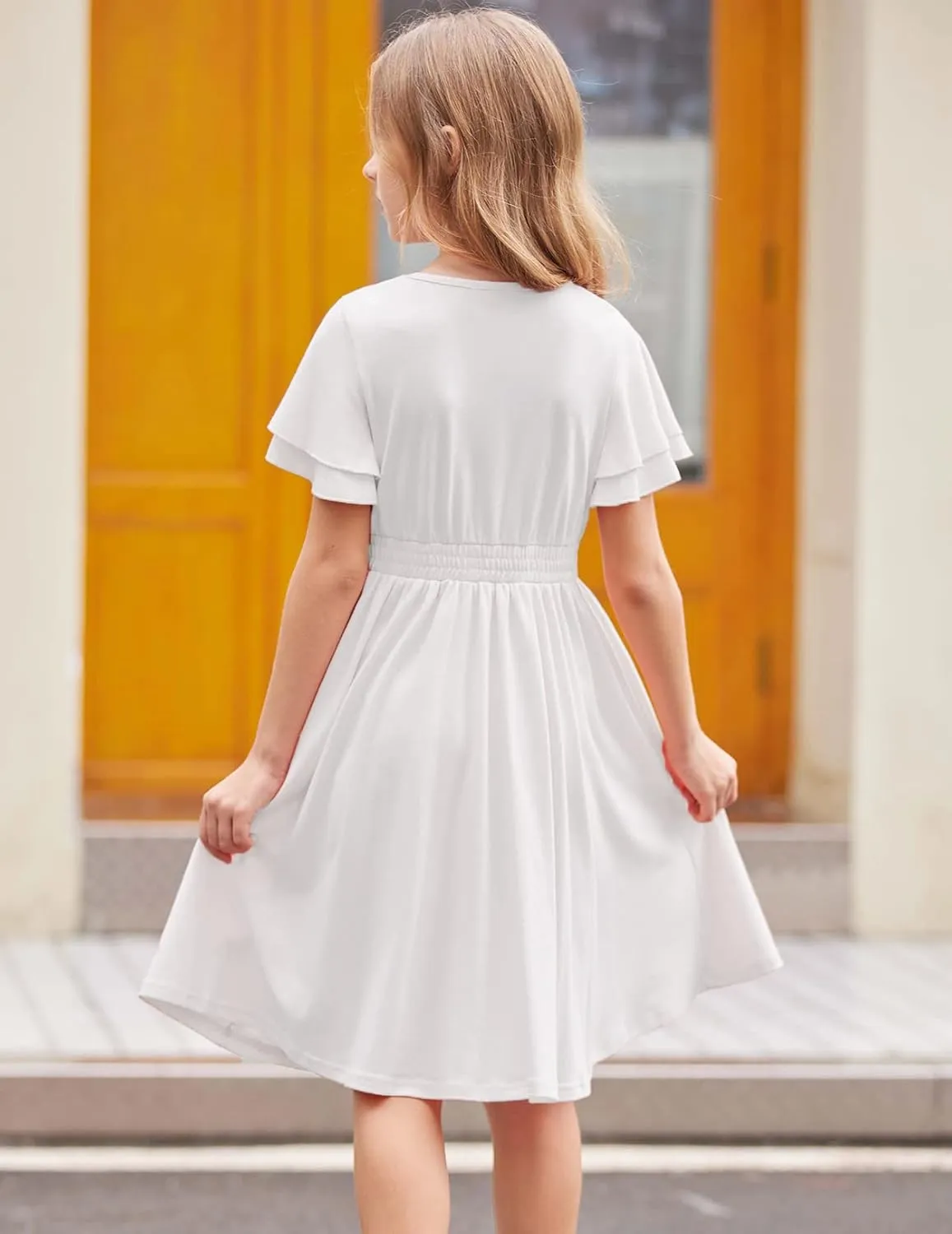 Arshiner Girl's Casual Dress Summer Scoop Neck Short Sleeve Flowy Print and Plain Sundress for Kids 4-14Y